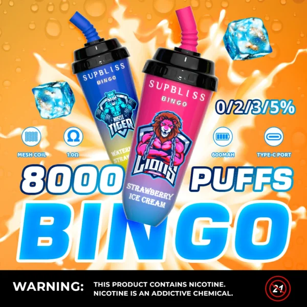 RandM Supbliss Bingo 8000 Puffs 0% 2% 3% 5% Low Nicotine Rechargeable Disposable Vapes Pen Bulk Buy Wholesale - HelpVape - 1