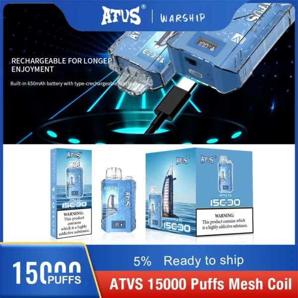 Atvs 15000 Puffs 5% Stylo à vape jetable rechargeable à faible teneur en nicotine Acheter en gros - HelpVape - 13