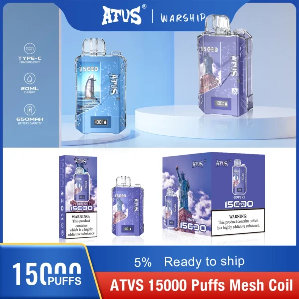 Atvs 15000 Puffs 5% Stylo à vape jetable rechargeable à faible teneur en nicotine Acheter en gros - HelpVape - 12