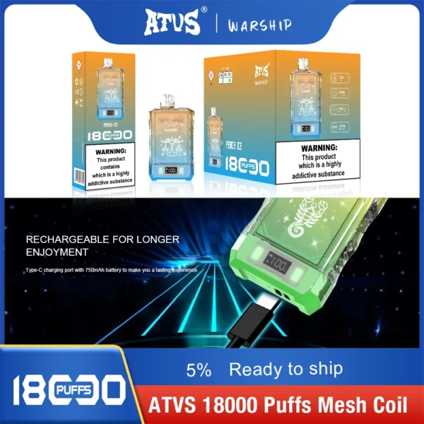 Atvs Warship 18000 Puffs 5% Stylo à vape jetable rechargeable à faible teneur en nicotine Acheter en gros - HelpVape - 6